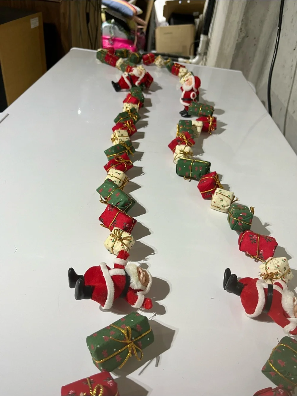Festive Santa and Gift Boxes Tree garland- Red, Green, Cream .